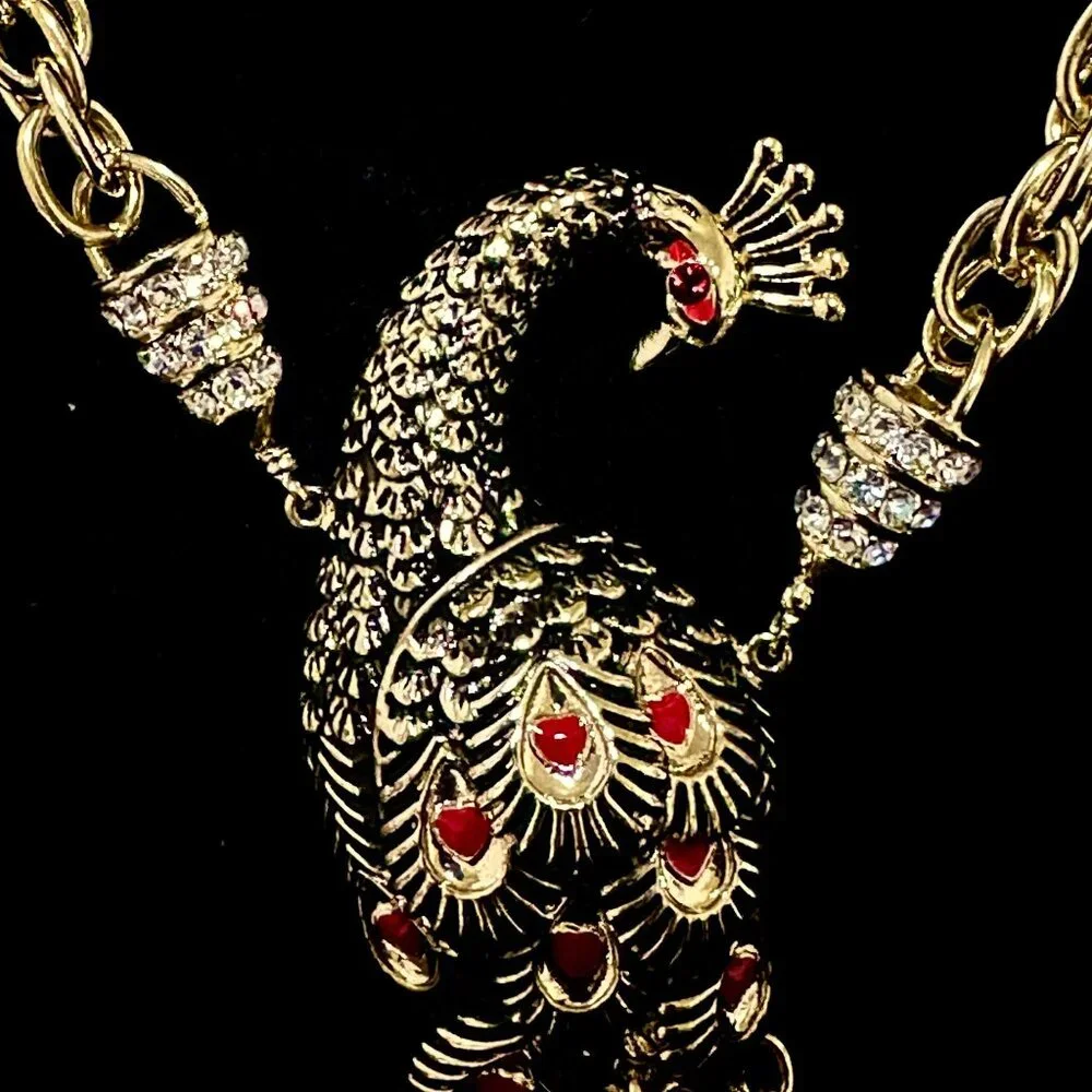 Vintage Red Lotus Peacock Statement Necklace Gold Tone Red Tassel Rhinestone